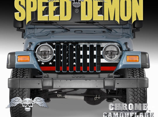1997-2006 Jeep Grill Wraps American Flag Subdued Red Line - Speed Demon Wraps