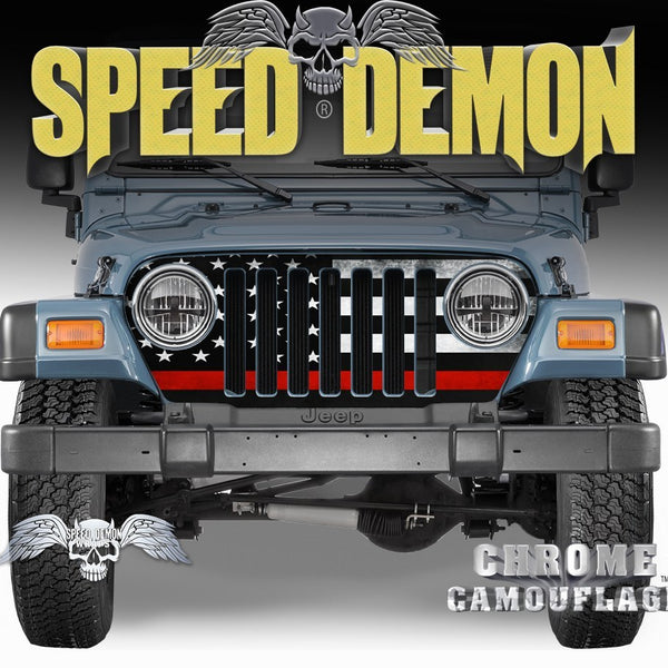 1997-2006 Jeep Grill Wraps American Flag Subdued Red Line - Speed Demon Wraps