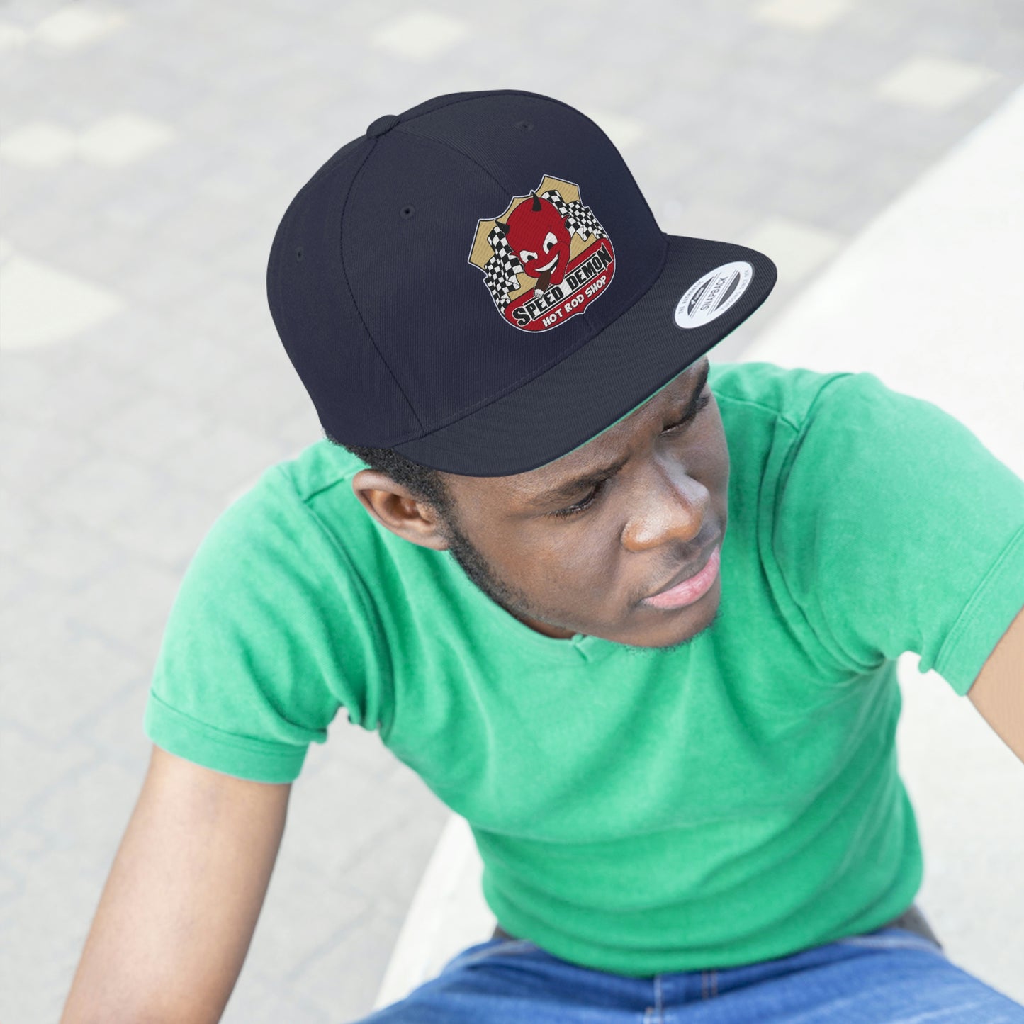 Speed Demon Hot Rod Shop Embordered Flat Bill Hat