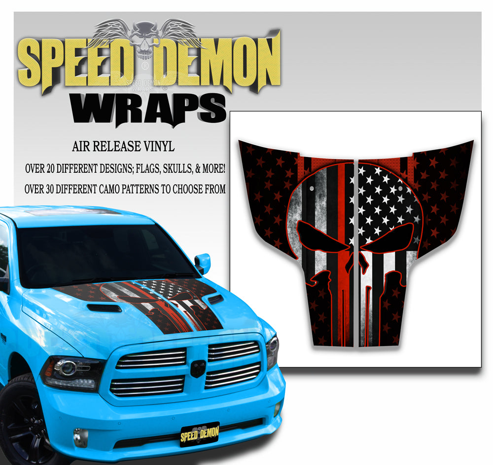 2009-2017 Dodge Ram Hood Stripes Decals Punisher American Flag Red Line