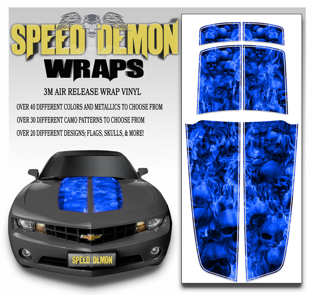 Blue Camaro Racing Stripes Flaming Skulls