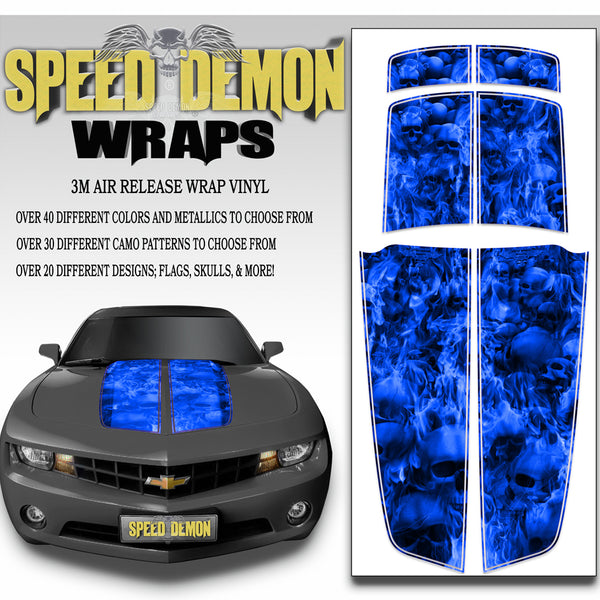 Blue Camaro Racing Stripes Flaming Skulls