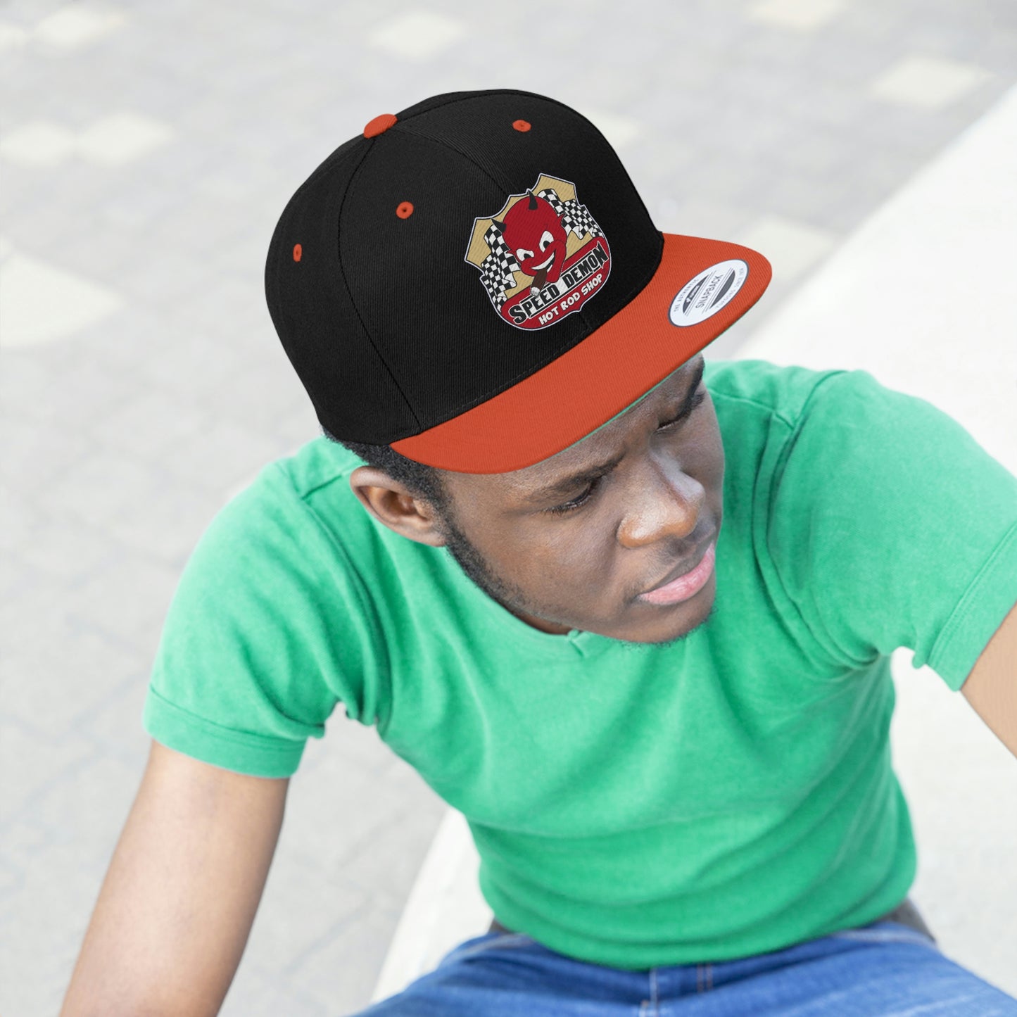 Speed Demon Hot Rod Shop Embordered Flat Bill Hat