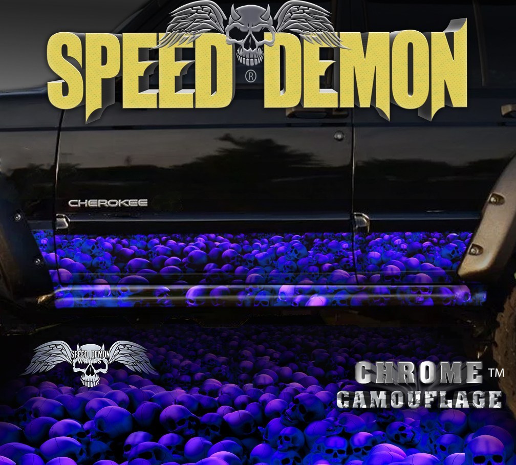 1993-2008 Jeep Cherokee Rocker Wraps Skulls Blue with Purple Hue - Speed Demon Wraps