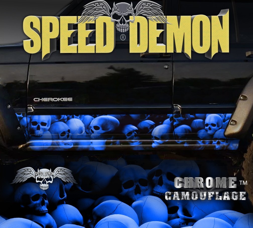 1993-2008 Jeep Cherokee Rocker Wraps Skulls Blue Unhallowed Ground - Speed Demon Wraps