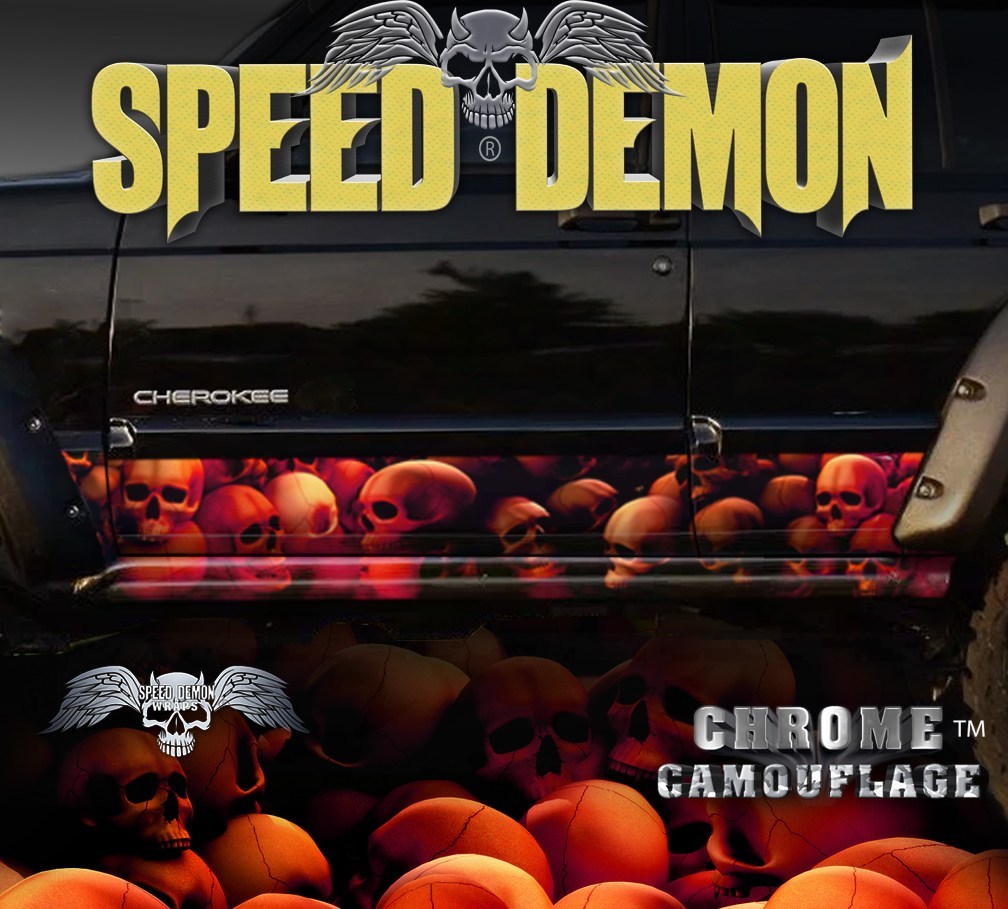 1993-2008 Jeep Cherokee Rocker Wraps Skulls Red Unhallowed Ground - Speed Demon Wraps