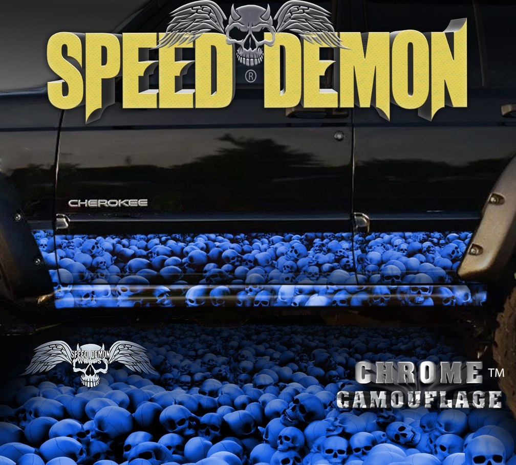 1993-2008 Jeep Cherokee Rocker Wraps Skulls Blue - Speed Demon Wraps