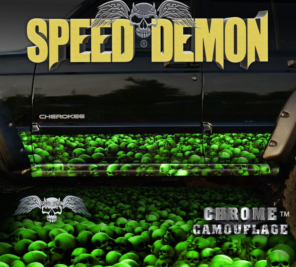 1993-2008 Jeep Cherokee Rocker Wraps Skulls Green - Speed Demon Wraps