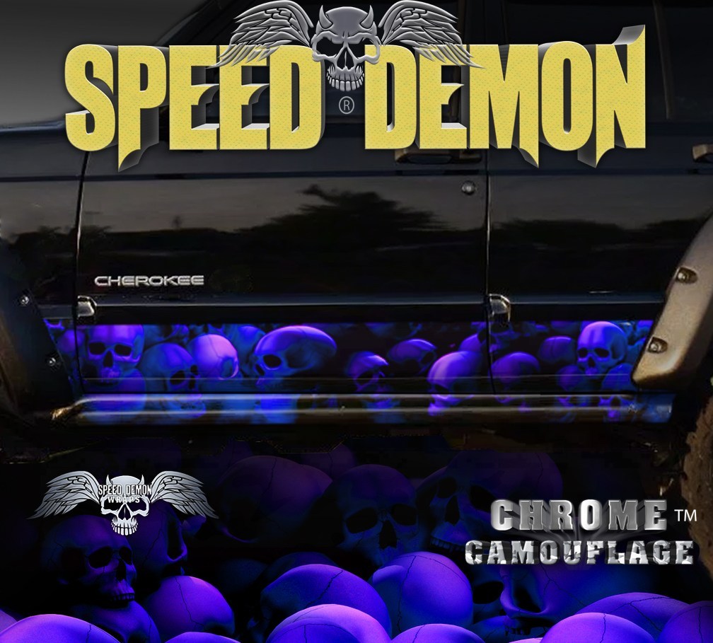 1993-2008 Jeep Cherokee Rocker Wraps Skulls Blue with Purple Hue Unhallowed Ground (Copy) - Speed Demon Wraps