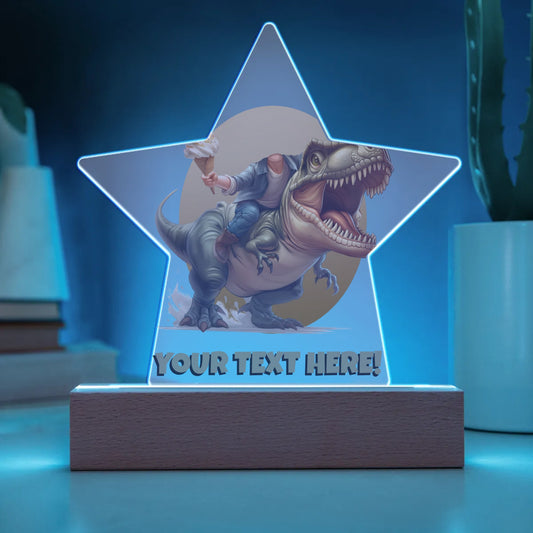 Child Riding a T Rex Custom Cartoon Caricature From Photo Personalized Acrylic Star Plaque