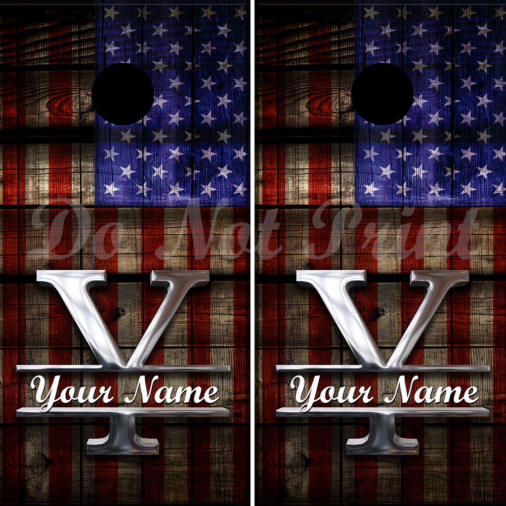 Barnwood Wood American flag Monogrammed Cornhole Wraps