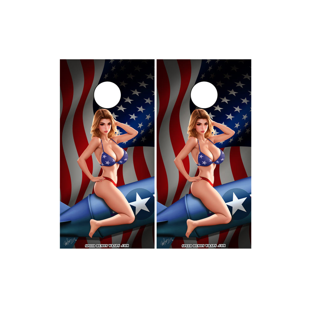 American Flag Pinup Cornhole Wrap Bombshell Betty – Speed Demon Wraps