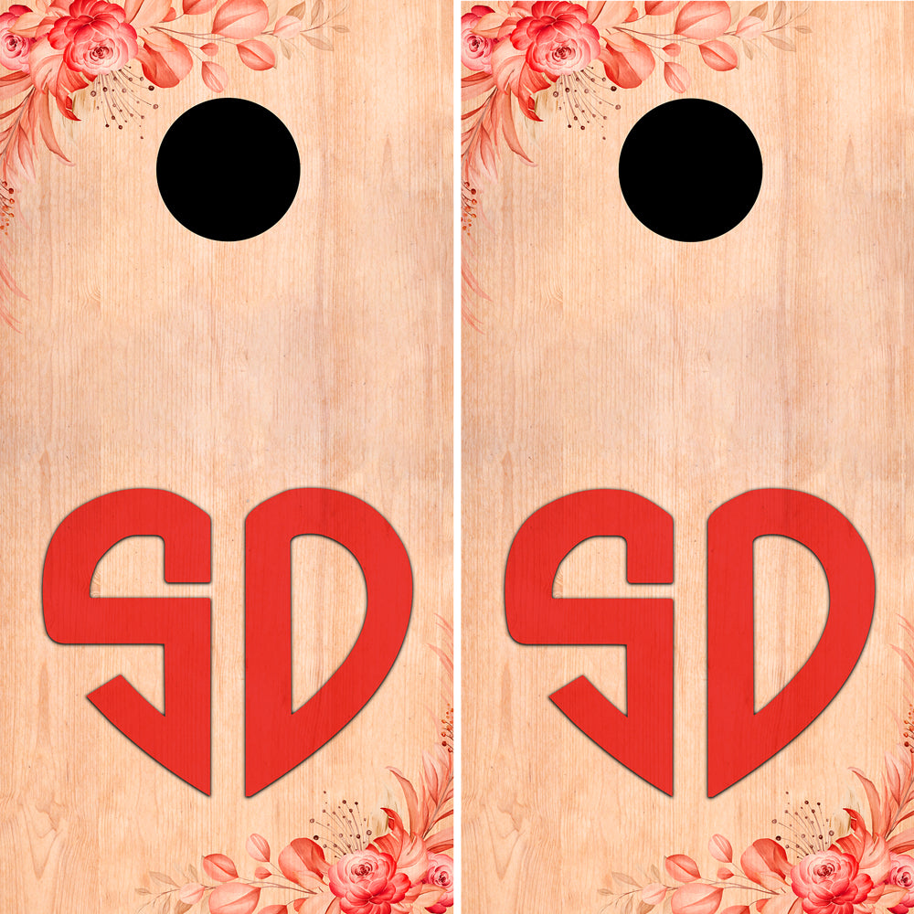 Personalized Monogram Floral Cornhole Wraps Rustic Wooden Maple