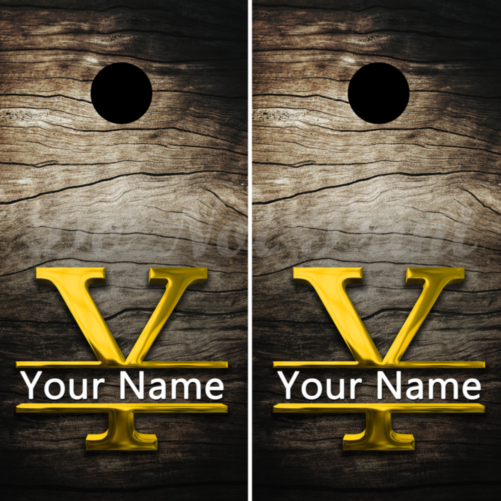 Golden Monogram Barn Wood Personalized Cornhole Wraps