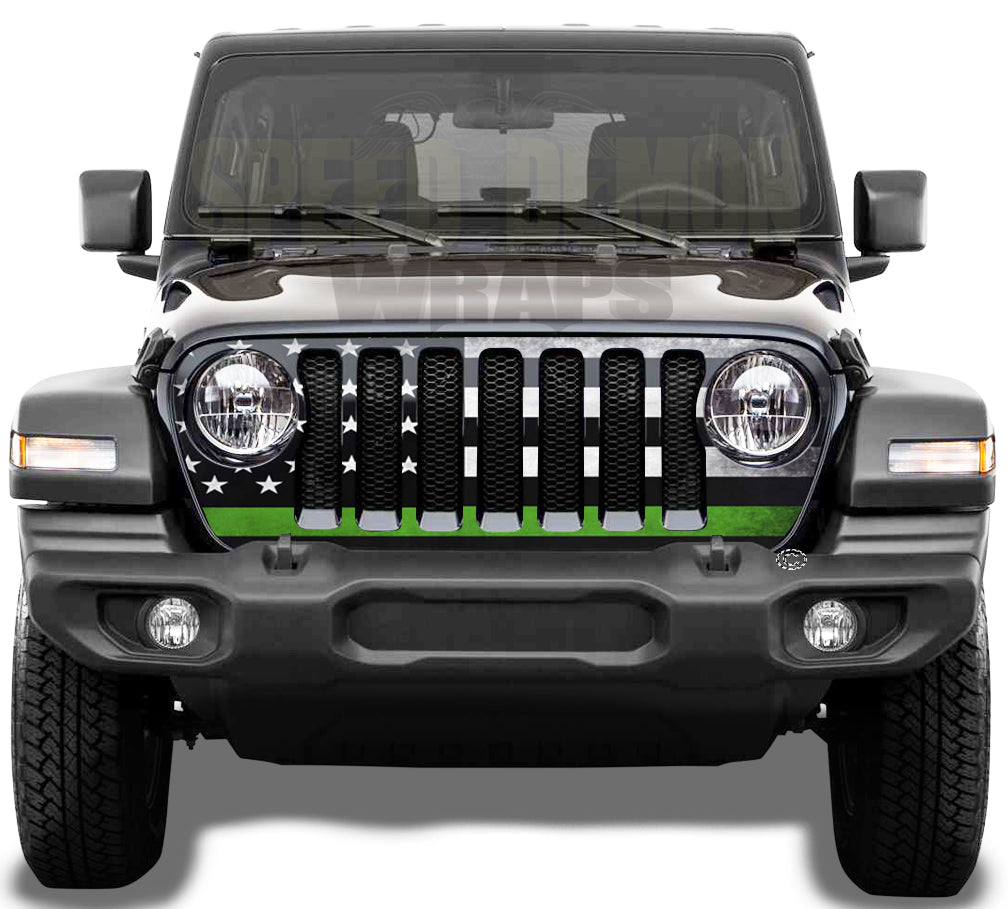 American Flag Jeep Grill Wrap Green Line JL 2018-2024 JL Models