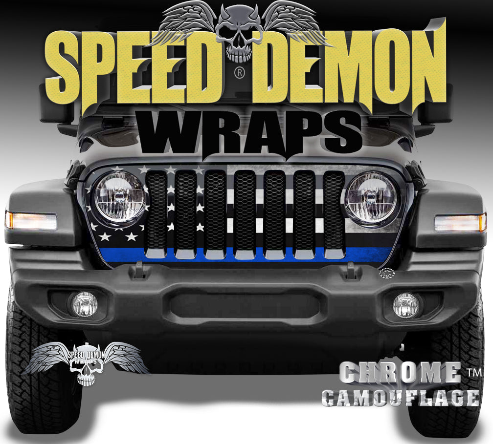 Jeep Wrangler Grill Wrap Police Flag Thin Blue Line 2018-2024 JL Subdued