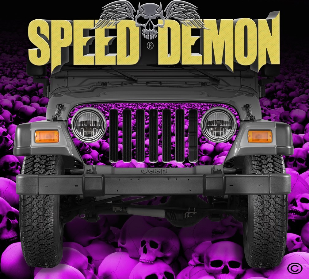 1997-2006 Jeep Grill Wraps Skull Crusher Skulls Pink - Speed Demon Wraps