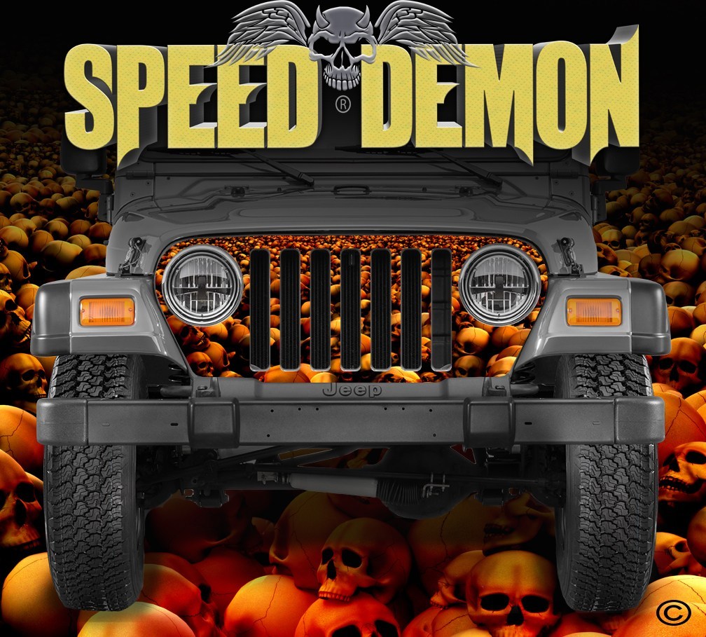 1997-2006 Jeep Grill Wraps Skull Crusher Skulls Red - Speed Demon Wraps