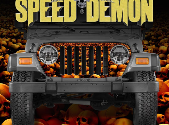 1997-2006 Jeep Grill Wraps Skull Crusher Skulls Red - Speed Demon Wraps