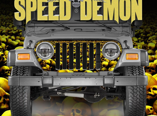 1997-2006 Jeep Grill Wraps Skull Crusher Skulls Gold - Speed Demon Wraps