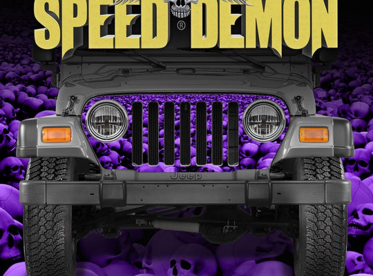 1997-2006 Jeep Grill Wraps Skull Crusher Skulls Purple - Speed Demon Wraps