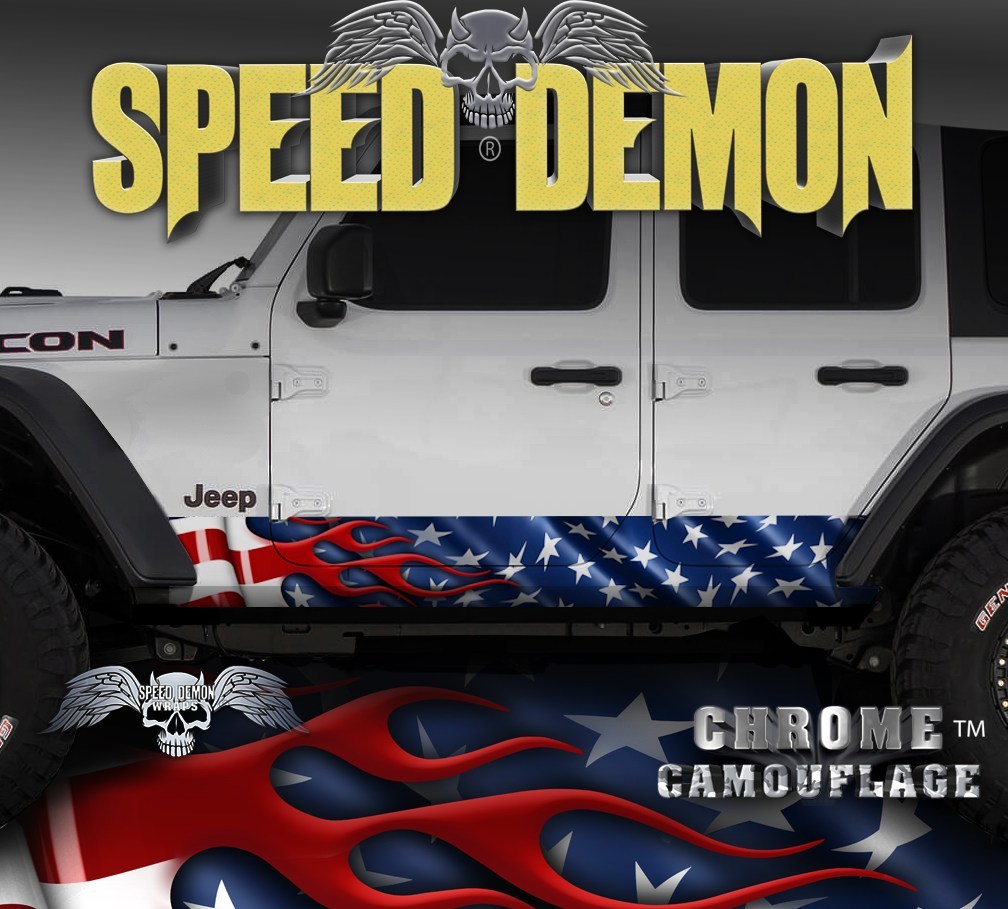 2007-2017 4 Door Jeep Wrangler Rocker Wraps American Flag JK - Speed Demon Wraps