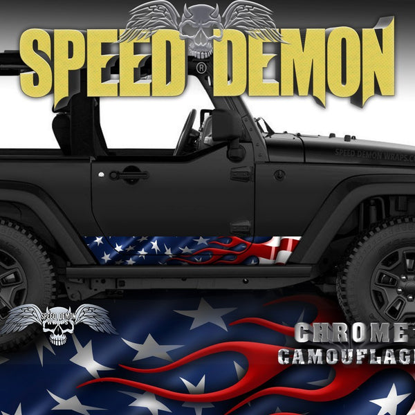 2007- 2017 2 Door Jeep Wrangler Rocker Wraps American Flag - Speed Demon Wraps