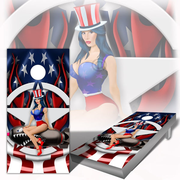 American Flag Pinup Cornhole Board Wrap - Speed Demon Wraps