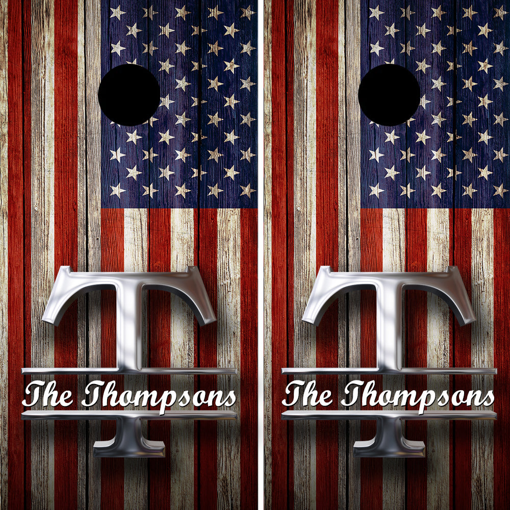 Distressed American Flag Monogrammed Cornhole Wraps