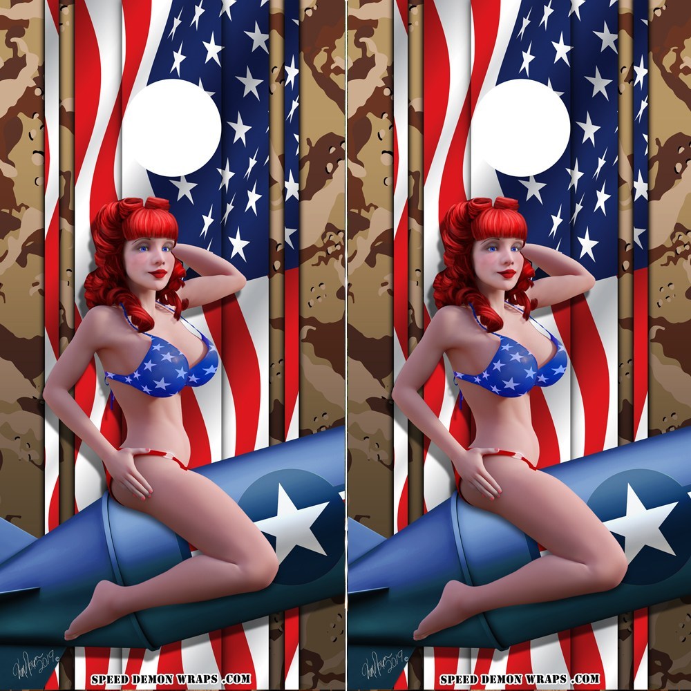American Flag and Camo Pinup Cornhole Wrap - Speed Demon Wraps
