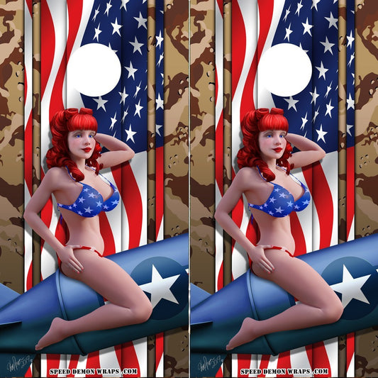 American Flag and Camo Pinup Cornhole Wrap - Speed Demon Wraps