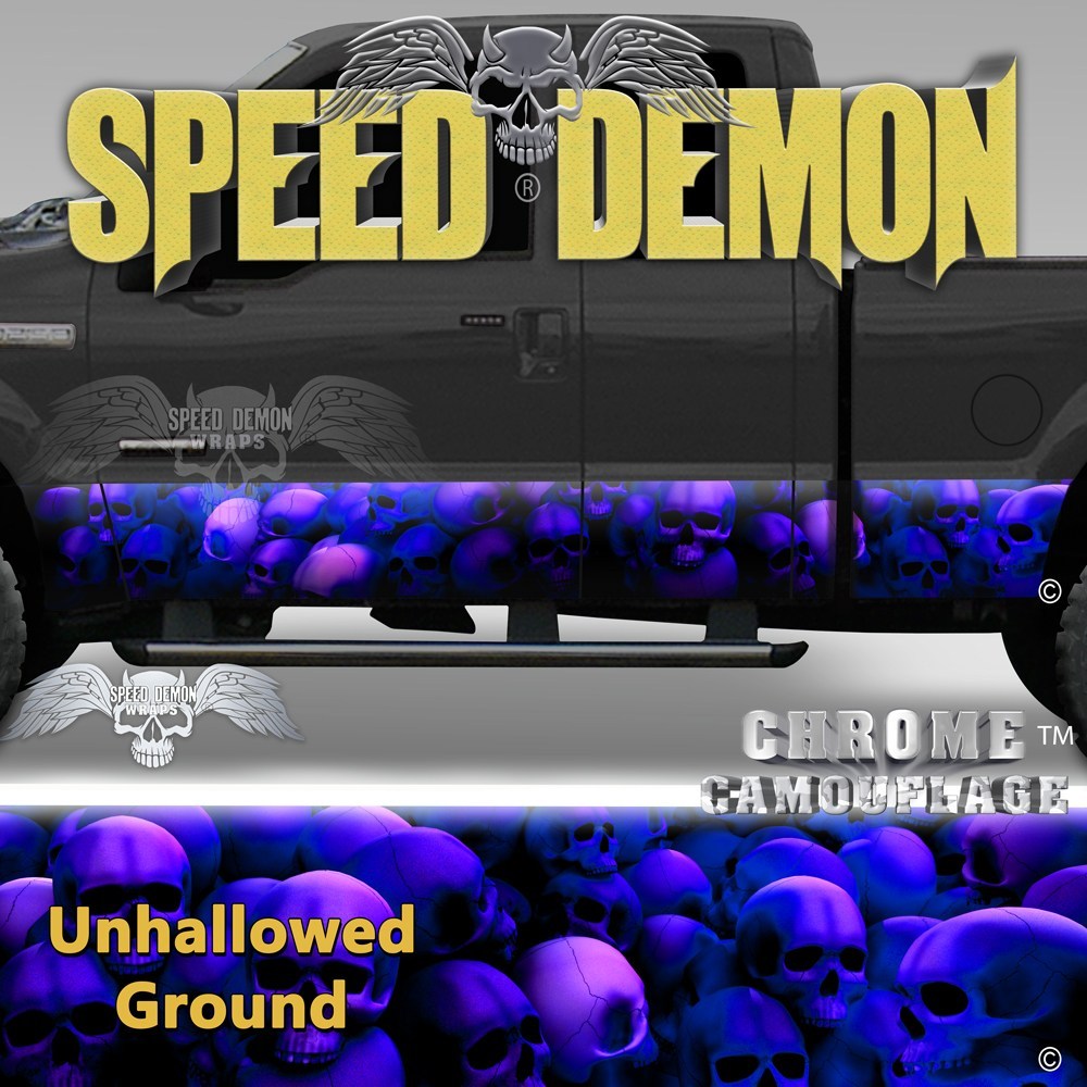 Skull Truck Rocker Panel Wraps-Blue With Purple Hue Skulls Unhallowed Ground