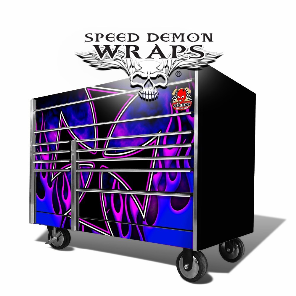 Snap On Tool Box Graphics -Wrap-Skins Hot Rod Flames Iron Cross Blue-Purple