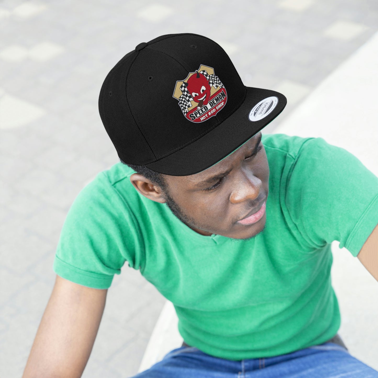 Speed Demon Hot Rod Shop Embordered Flat Bill Hat