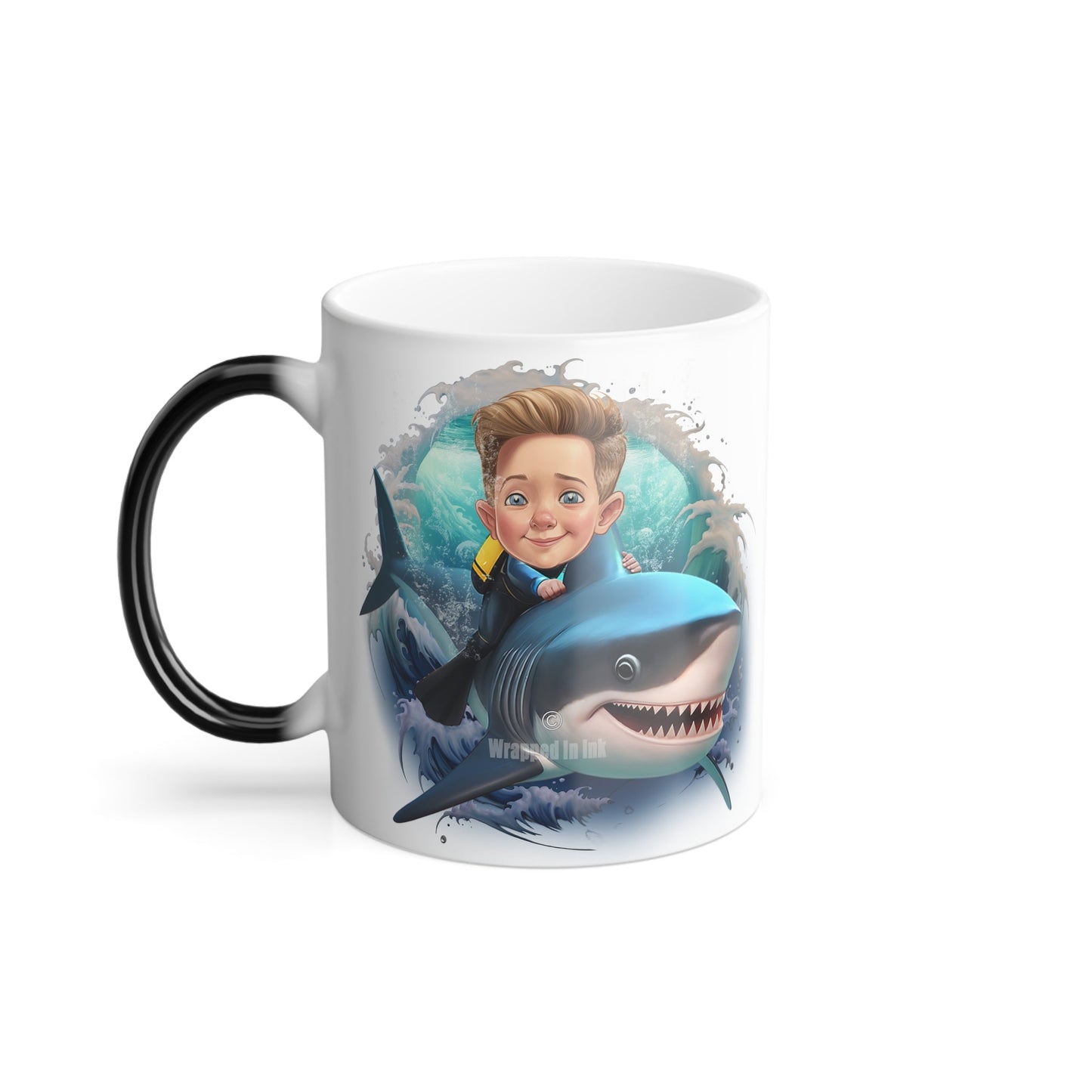 Child Riding a Shark Caricature T-Shirt from Photo