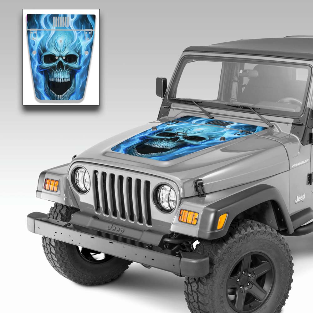 Jeep Wrangler Hood Vinyl Graphics Decal Flaming Skull Kit for Jeep TJ 1996-2006 Blue