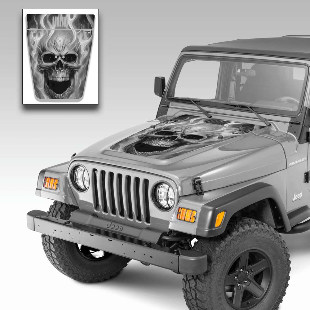 Jeep Wrangler Hood Vinyl Graphics Decal Flaming Skull Kit for Jeep TJ 1996-2006 Subdued