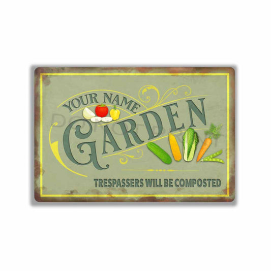 Personalized Green Metal Garden Sign - Wall Art Vintage Metal Sign 12" x 8”