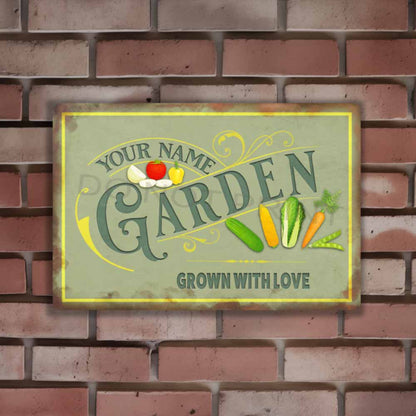 Personalized Green Metal Garden Sign - Wall Art Vintage Metal Sign 12" x 8”