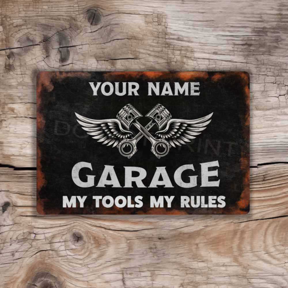 Personalized Rustic Black Garage Metal Sign Pistons and Wings -  Wall Art Vintage Metal Sign 12" x 8”