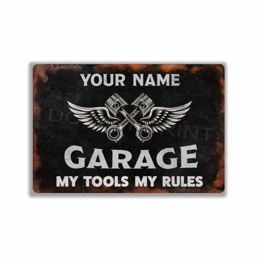 Personalized Rustic Black Garage Metal Sign Pistons and Wings -  Wall Art Vintage Metal Sign 12" x 8”