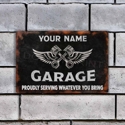 Personalized Rustic Black Garage Metal Sign Pistons and Wings -  Wall Art Vintage Metal Sign 12" x 8”