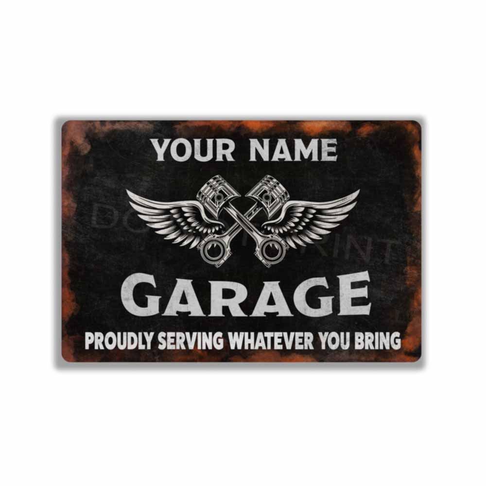 Personalized Rustic Black Garage Metal Sign Pistons and Wings -  Wall Art Vintage Metal Sign 12" x 8”