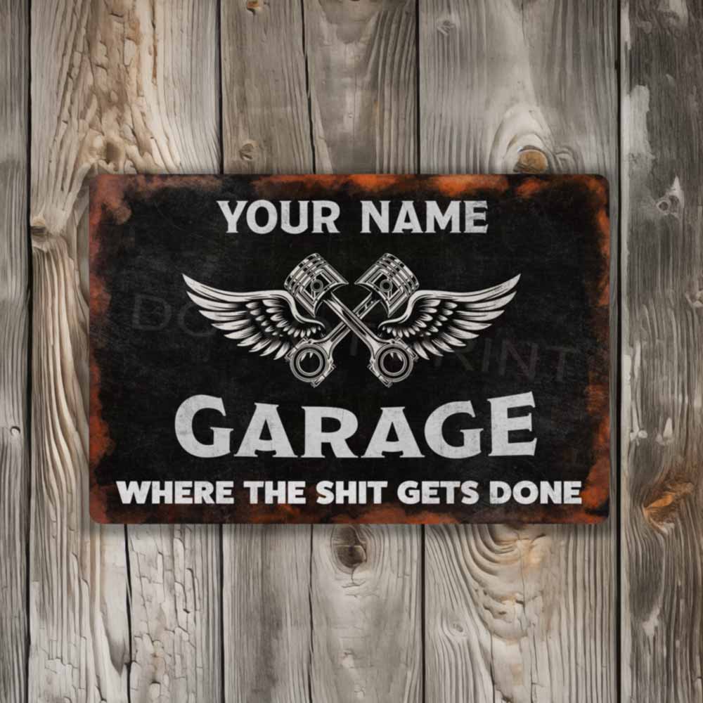 Personalized Rustic Black Garage Metal Sign Pistons and Wings -  Wall Art Vintage Metal Sign 12" x 8”