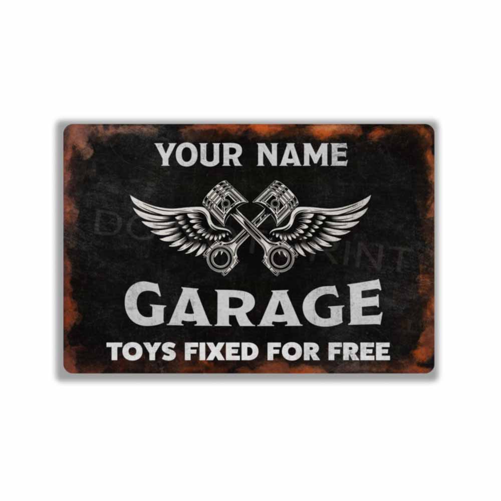 Personalized Rustic Black Garage Metal Sign Pistons and Wings -  Wall Art Vintage Metal Sign 12" x 8”