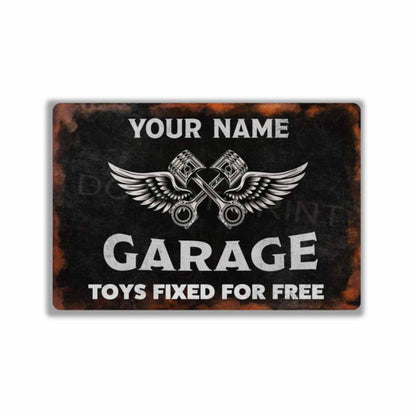 Personalized Rustic Black Garage Metal Sign Pistons and Wings -  Wall Art Vintage Metal Sign 12" x 8”