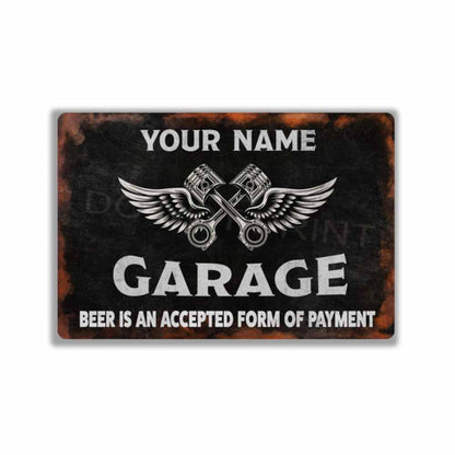 Personalized Rustic Black Garage Metal Sign Pistons and Wings -  Wall Art Vintage Metal Sign 12" x 8”