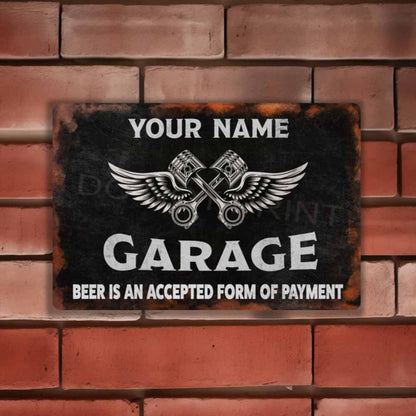 Personalized Rustic Black Garage Metal Sign Pistons and Wings -  Wall Art Vintage Metal Sign 12" x 8”