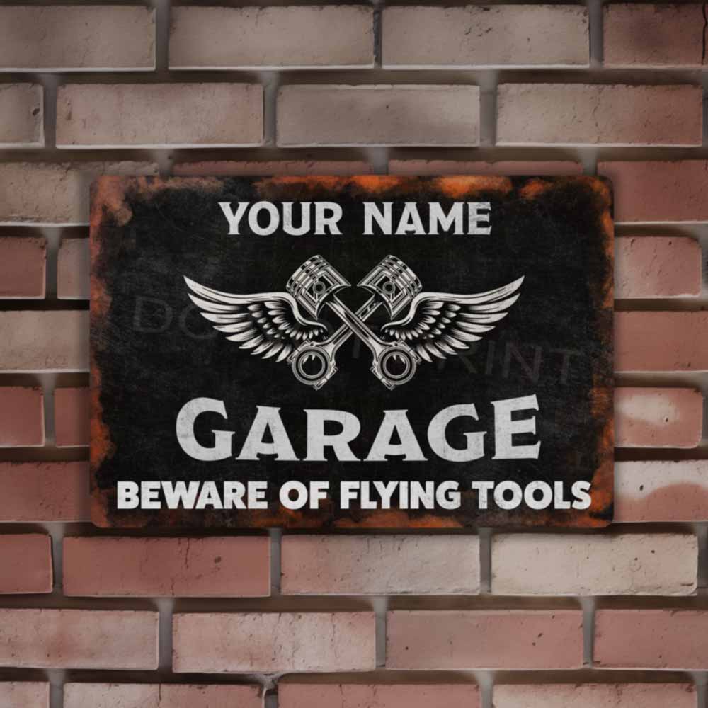 Personalized Rustic Black Garage Metal Sign Pistons and Wings -  Wall Art Vintage Metal Sign 12" x 8”