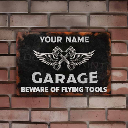 Personalized Rustic Black Garage Metal Sign Pistons and Wings -  Wall Art Vintage Metal Sign 12" x 8”